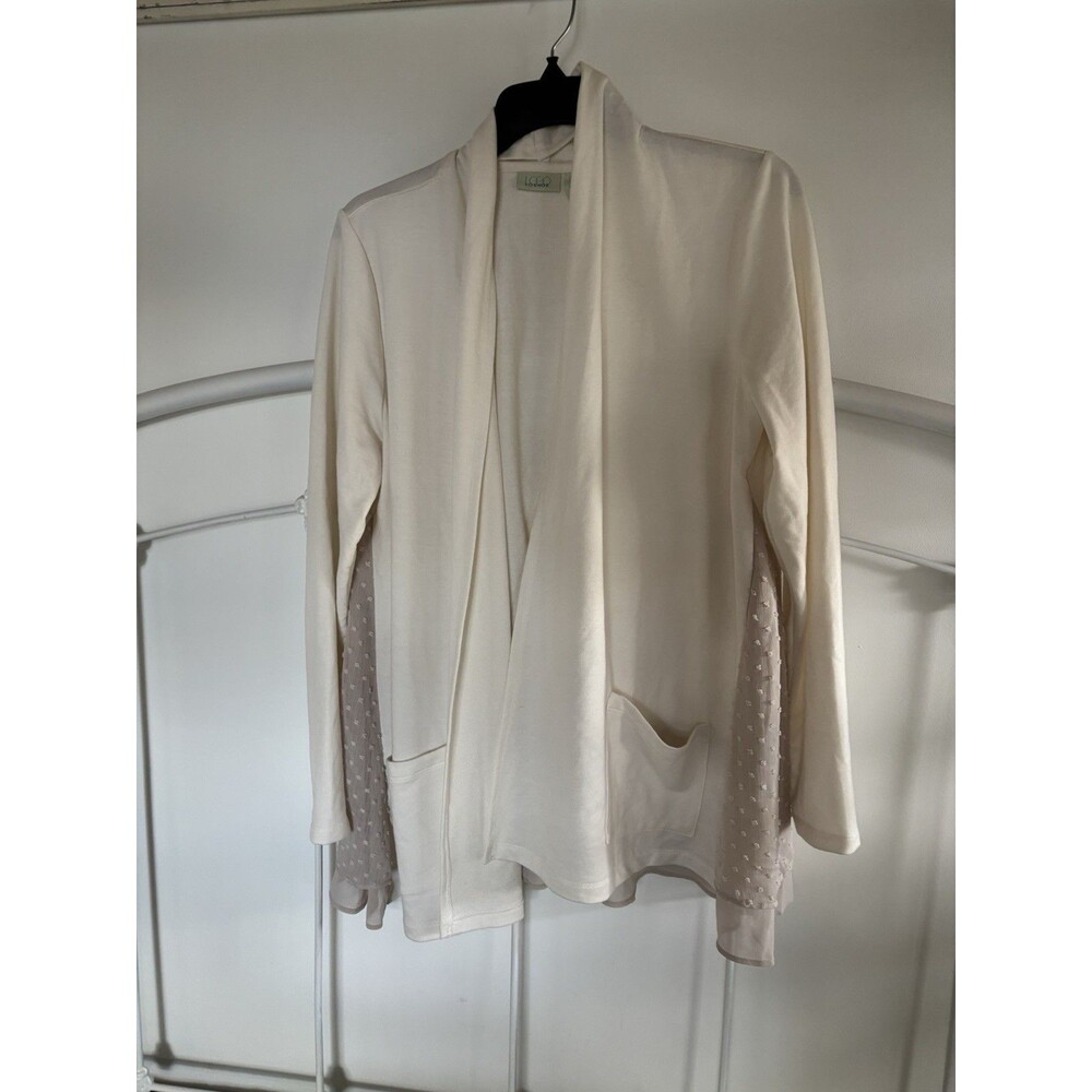 LOGO Open Front White Cream Cardigan Pockets Embellished Trim Size Medium EUC
